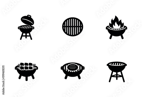 Set of black barbecue grill and fire pit icons showing charcoal kettle, cooking grate, open flame brazier, skewers, and outdoor grilling silhouettes