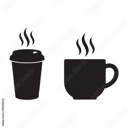 Coffee cup and paper cup silhouette icon set isolated on white background.