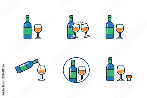 Simple wine bottle and glass icon set showing serving, pouring, clinking toast, and cork, minimal flat illustrations for beverage celebration concepts