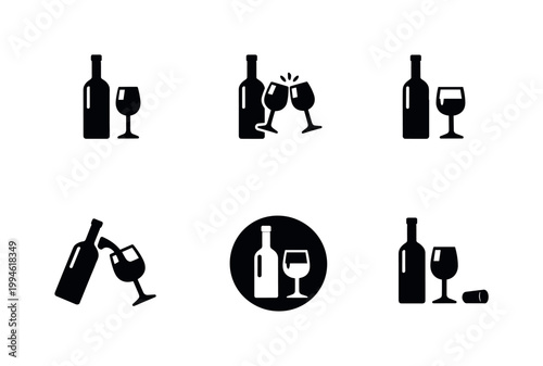 Minimal black silhouette icon set of wine bottle and glasses, including toast clink, pouring, and cork variations for bar and beverage symbols
