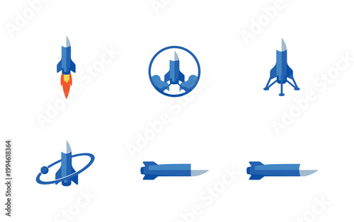 Set of blue rocket and missile icons showing launch flame, landing legs, orbital ring, top view badge, and side view projectiles on white background