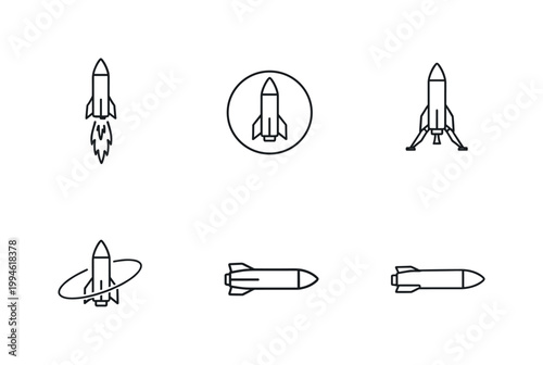 Minimal black line rocket icons set showing launch, orbit, landing legs, and side-view spacecraft in simple outline style on white background