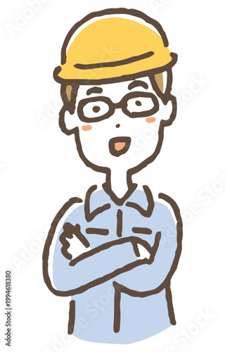 ヘルメットを着用して腕を組んでいる作業員のイラスト。/ An illustration of a worker wearing a helmet and with his arms crossed.