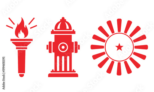 Set of red icons including a flaming torch, a fire hydrant, and a sun
