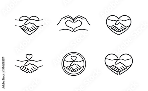 Minimal line icons of handshake and heart symbols showing partnership, agreement, trust, charity, friendship, and supportive human connection