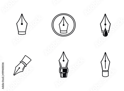 Minimal black line icon set of fountain pen nibs with ink drop and circular emblem, showing multiple nib angles for writing, calligraphy, and design