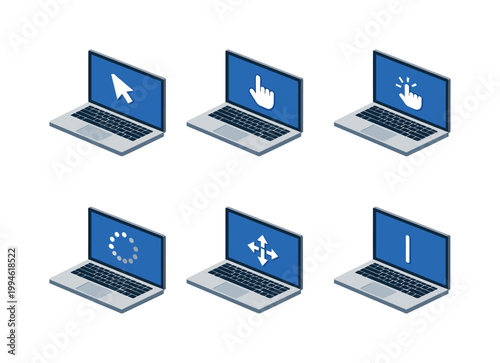 Set of laptop computer icons showing cursor pointer, hand click, dragging, loading spinner, move arrows, and text input caret on blue screens