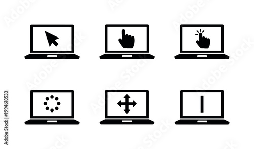 Set of laptop screen icons showing cursor pointer, hand click, loading spinner, move arrows, and text caret for user interface actions