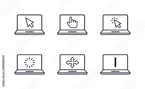 Set of minimalist laptop outline icons showing mouse pointer, hand click, loading spinner, move cursor arrows, and text insertion caret for interface design