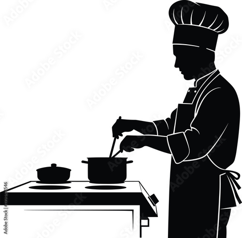 Chef silhouette cooking on stove, professional kitchen concept, food preparation, culinary skills and restaurant service illustration isolated on white background for gastronomy design
