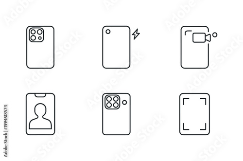 Minimal black outline icons of smartphone features, including camera, flash, video recording, contact profile, rear lenses, and face scanning frame