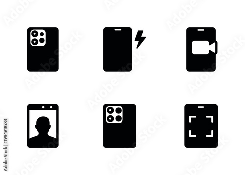 Minimal black smartphone interface icon set showing camera lenses, charging battery, video recording, user profile, rear camera module, and focus frame symbols