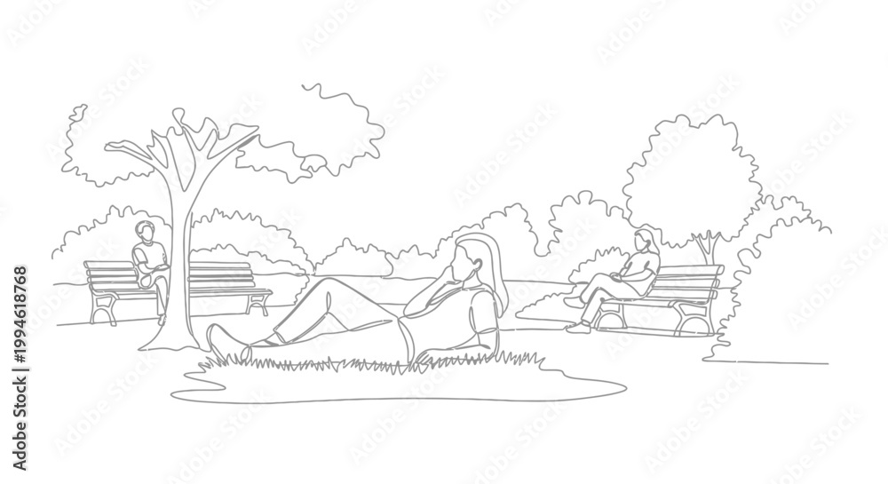 Obraz premium People relaxing in a park line drawing, enjoying nature and leisure time outdoors.