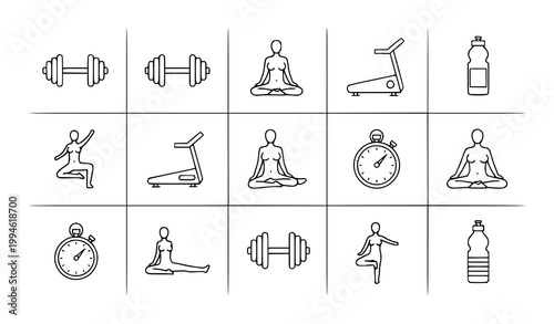 Fitness gym outline icons vector set with workout equipment and exercise symbols isolated on white background