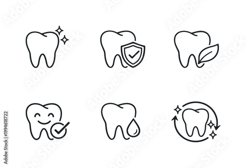 Set of minimal line icons showing tooth care concepts including cleaning, protection, natural dentistry, checkmark approval, sensitivity, and whitening