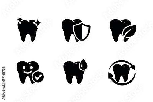 Set of six dental care icons showing tooth cleaning sparkle, protective shield, natural leaf, happy tooth with checkmark, sensitivity droplet, and renewal arrows
