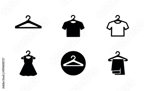 Minimal black clothing and hanger icons set showing shirt, dress, folded garments, and hanger symbol in simple flat silhouette style on white background