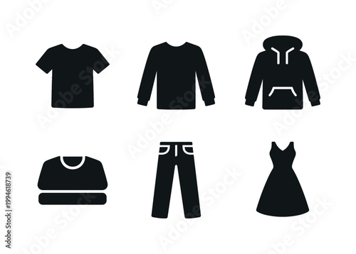 Black clothing icon set featuring t-shirt, long-sleeve shirt, hoodie, sweater, pants, and dress silhouettes for wardrobe and apparel design