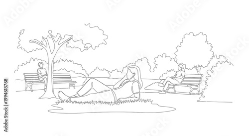 People relaxing in a park line drawing, enjoying nature and leisure time outdoors.