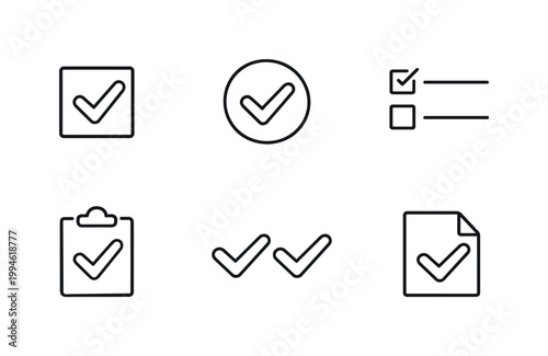 Minimal line icon set of checkmarks and approval symbols including checkbox, confirmation badge, checklist, clipboard, double ticks, and document