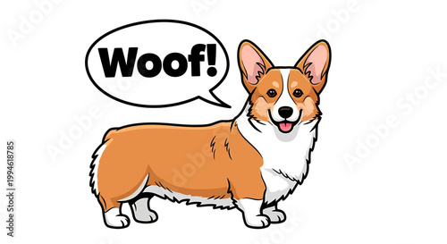 Cute Corgi Dog Barking Woof Sound Bubble Illustration.