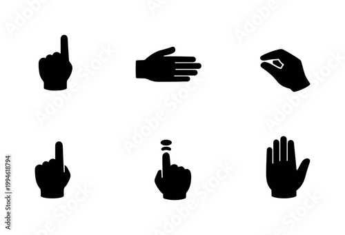 Set of black hand gesture silhouettes showing pointing up, open palm, pinching fingers, and touching fingertips icons isolated on white background