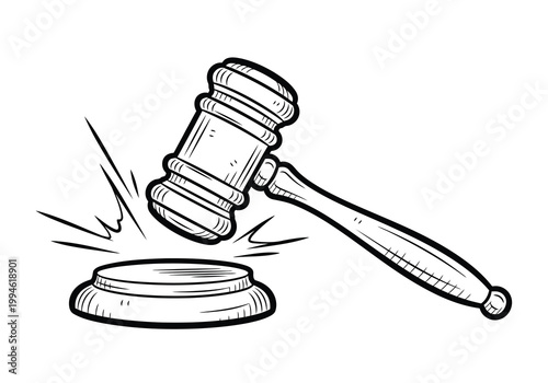 Black and white line art illustration of a wooden judge gavel striking a sound block