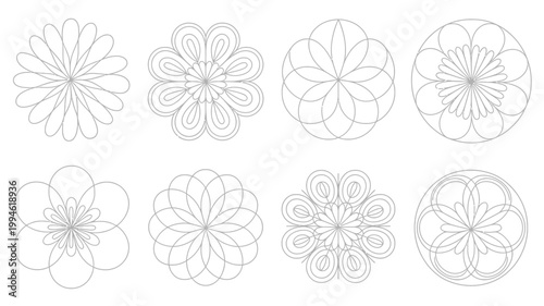 A collection of eight circular floral designs rendered in simple black outlines showcasing varying levels of complexity and petal arrangements high quality professional detailed modern elegant