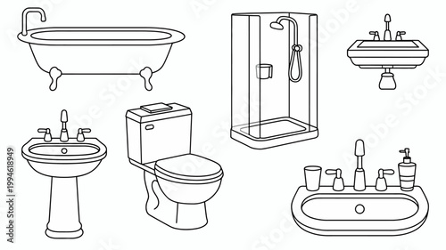 A collection of bathroom fixtures is shown in a simple linear style including a bathtub shower sink and toilet high quality professional detailed modern elegant stylish