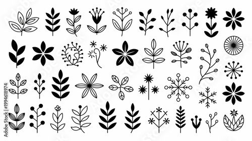 A collection of various hand drawn floral and botanical elements in black and white showcasing different leaf and flower shapes high quality professional detailed modern elegant