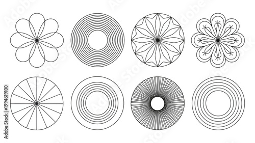 A collection of eight black and white circular and floral like designs are arranged in a grid pattern on a plain white background high quality professional