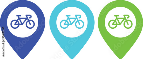 Three colored location pins with bicycle icons representing bike-sharing services