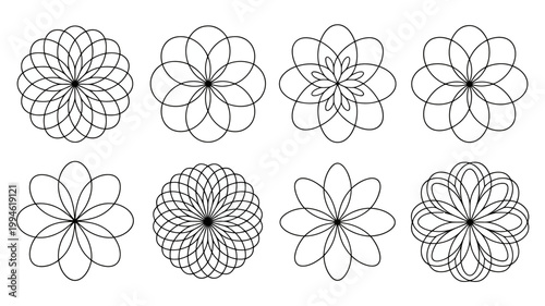 A collection of eight circular floral designs are displayed in black and white exhibiting varying levels of complexity and petal arrangements high quality professional detailed modern