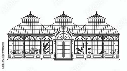 A detailed line drawing showcases a classic victorian greenhouse with multiple arched sections and ornate architectural details high quality professional modern elegant stylish clean crisp vibrant