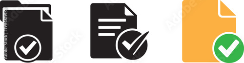 Document file check mark icon set for approval and verification, clean vector EPS design for workflow.