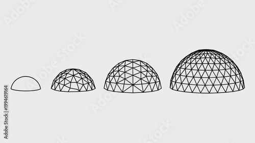 A series of progressively larger geodesic domes are depicted in a simple black and white line drawing against a neutral background high quality professional detailed modern