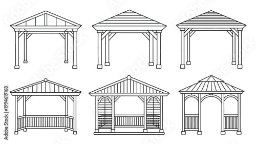 A collection of six architectural sketches depict various gazebo and pavilion designs rendered in a minimalist line drawing style high quality professional detailed modern elegant stylish