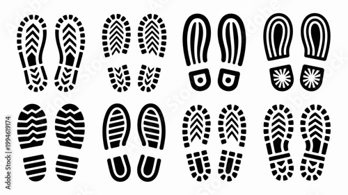 A collection of various black footprints and shoe sole patterns are displayed against a clean white background showcasing tread designs high quality professional detailed modern elegant
