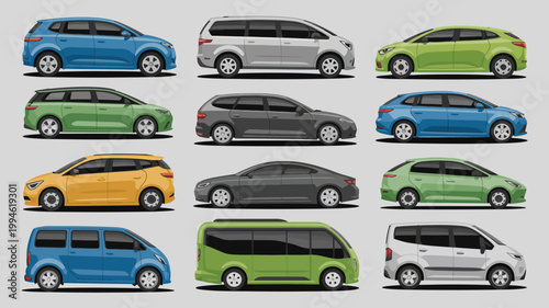 A colorful arrangement displays nine different car models including hatchbacks suvs and minivans in varying shades high quality professional detailed modern elegant stylish clean crisp vibrant