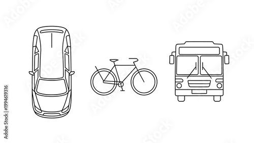 A minimalist line drawing depicts a car bicycle and bus viewed from directly above showcasing common modes of transportation high quality professional detailed modern elegant stylish