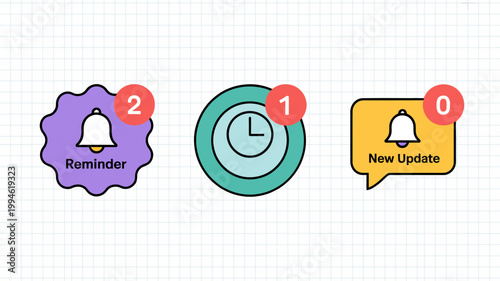 A colorful illustration displays three notification icons with varying numbers indicating unread alerts set against a simple grid backdrop high quality professional detailed modern elegant stylish