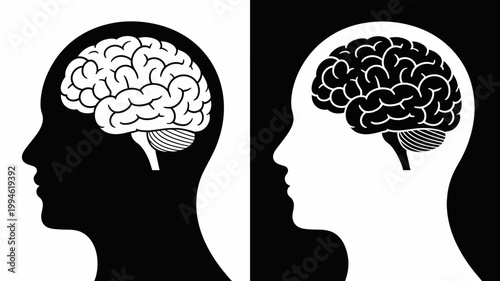 A striking visual depicts two human brain silhouettes within head profiles one in black and the other in white showcasing duality high quality professional detailed modern