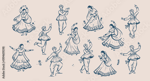 Indian folk dance illustration, traditional Garba celebration vector, Dandiya night cultural graphics, festive people dancing line art, Gujarati folk dance sketch, ethnic celebration design elements, 