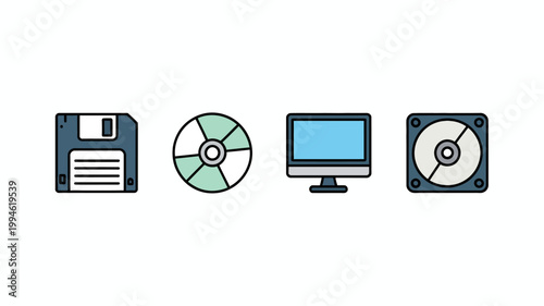 A colorful minimalist illustration depicts four retro computer components a floppy disk optical disc monitor and computer case high quality professional detailed modern elegant stylish clean