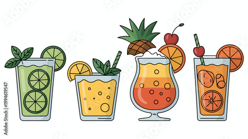 A colorful illustration displays a variety of refreshing cocktails each uniquely garnished with fruit and herbs presented in different glasses high quality professional detailed modern elegant