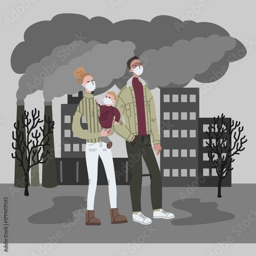 Vector hand drawn illustration with women and men in mask. Couple wearing mask against smog. City landscape chimneys emit smoke harmful emissions polluted air poor ecology in the city.