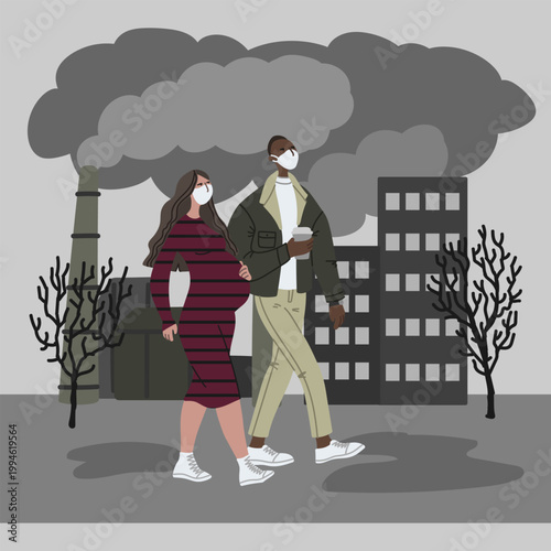 Vector hand drawn illustration with women and men in mask. Couple wearing mask against smog. City landscape chimneys emit smoke harmful emissions polluted air poor ecology in the city. 