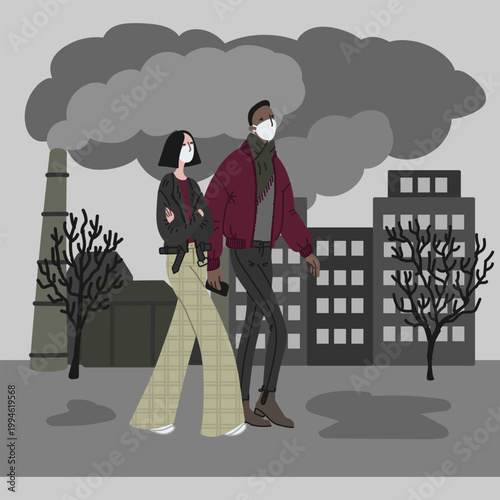 Vector hand drawn illustration with women and men in mask. Couple wearing mask against smog. City landscape chimneys emit smoke harmful emissions polluted air poor ecology in the city. 