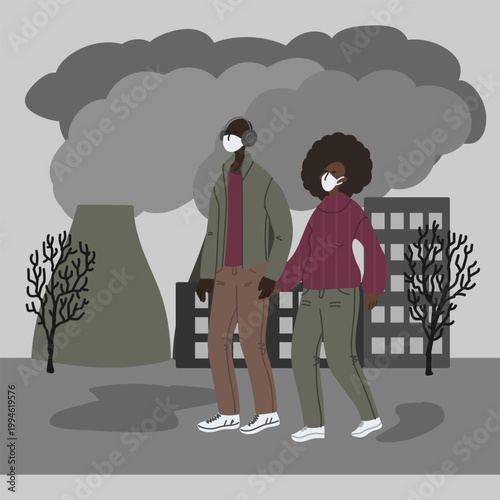 Vector hand drawn illustration with women and men in mask. Couple wearing mask against smog. City landscape chimneys emit smoke harmful emissions polluted air poor ecology in the city. 