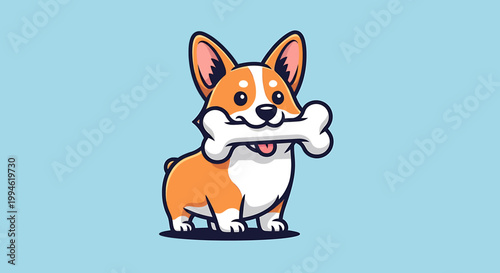 Cute Corgi Dog Holding a Bone in its Mouth.